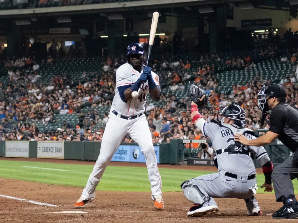 Yordan Alvarez got plunked with a fastball. And then seemingly just shook it off. (Photo by F. Carter Smith)