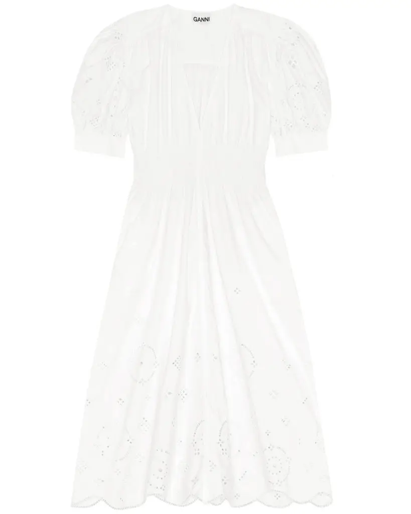 Ganni's Broderie Anglaise maxi dress, $345, available at Stanley Korshak and stanleykorshak.com.