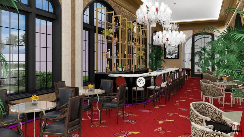 The new bar in the renamed, historic  Grand Galvez will overlook the famed Peacock Alley and offer views to the Gulf of Mexico. (Rendering courtesy of Grand Galvez/Seawall Hospitality LLC)