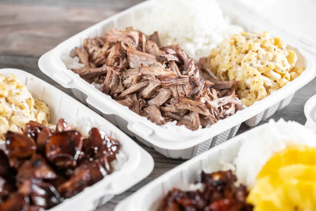 Luau Pig is Hawaiian Bros pulled pork plate lunch.