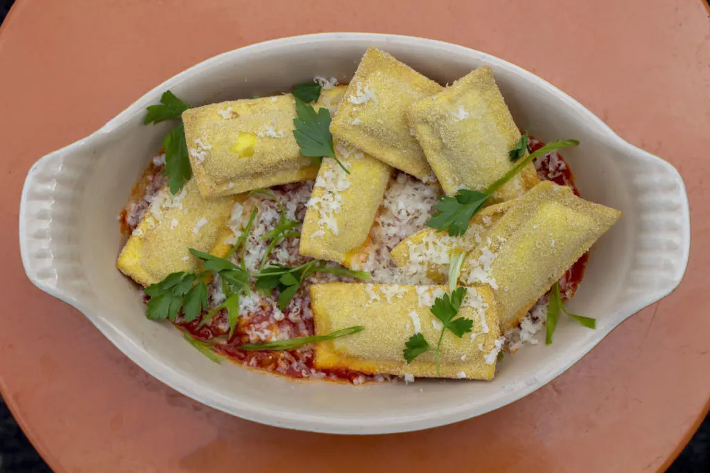 Breaded and deep fried four cheese ravioli (ricotta, mozzarella, pecorino and parmesan), a dish chef Chris Shepherd grew up with in the midwest. Served with marinara at One Fifth: Red Sauce Italian. (Photo by Taylor Hall)