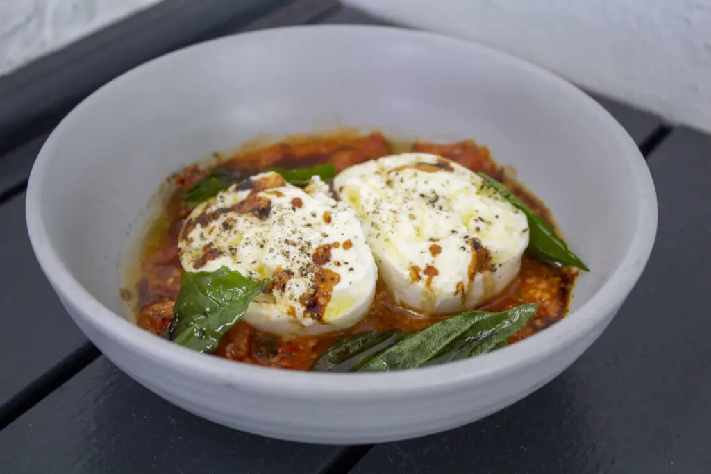 Roasted Tomato Burrata: A chunky Goodthyme Farm tomato pan sauce topped with sliced burrata from One Fifth: Red Sauce Italian! (Photo by Taylor Hall)
