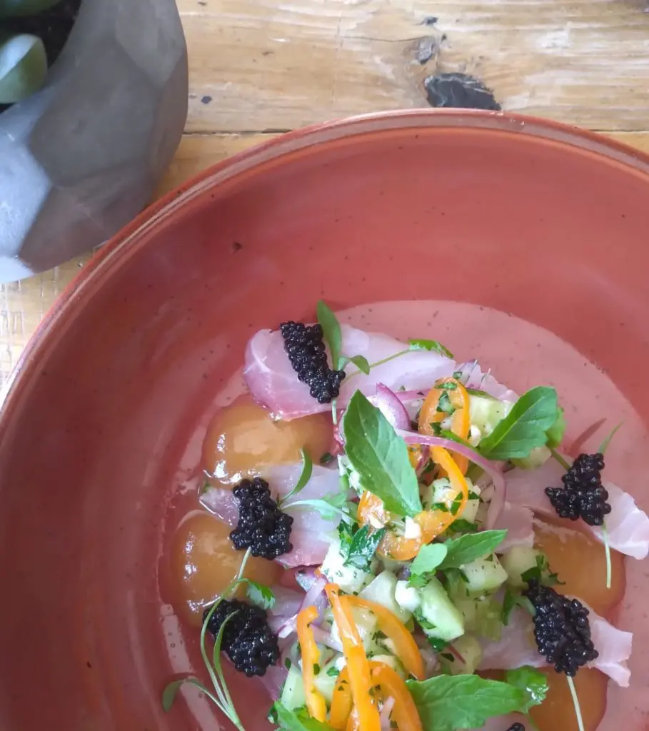 La Onda - Ceviche special dry aged Coconaco snapper, green tomato salsa, white peach and aji amarillo sauce on the opening menu of La Onda.