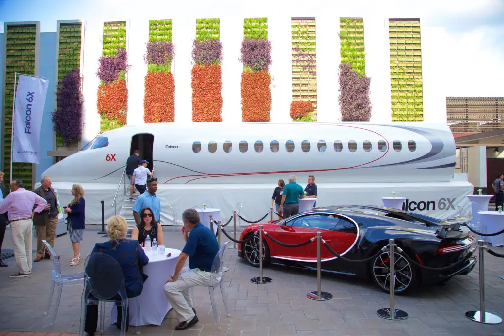 Two French masterpieces on display at the Post Oak Hotel — the Dassault Falcon 6X mock-up and the Bugatti Chiron (Photo by John Manigold)