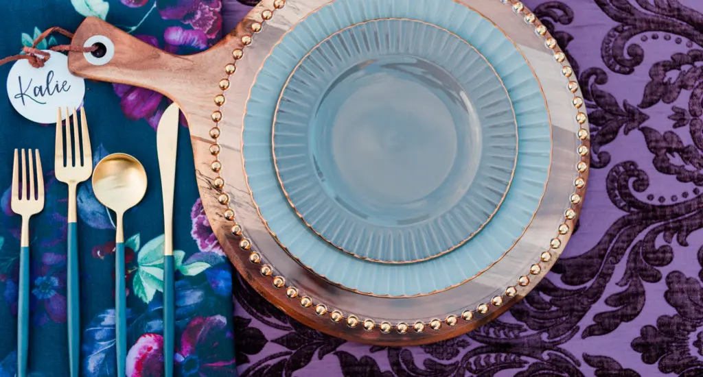 Posh – Cheese and Wine Tasting – Our Cutipol flatware and Marches Shades of Blue china with smoke glassware. Design by Social Lllama Events with Caitlin McNeil Photography.