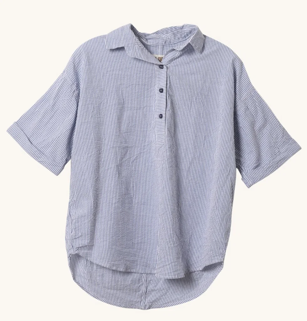 Delilah's blue seersucker top, $245, available at Cabana and cabana canary.com.
