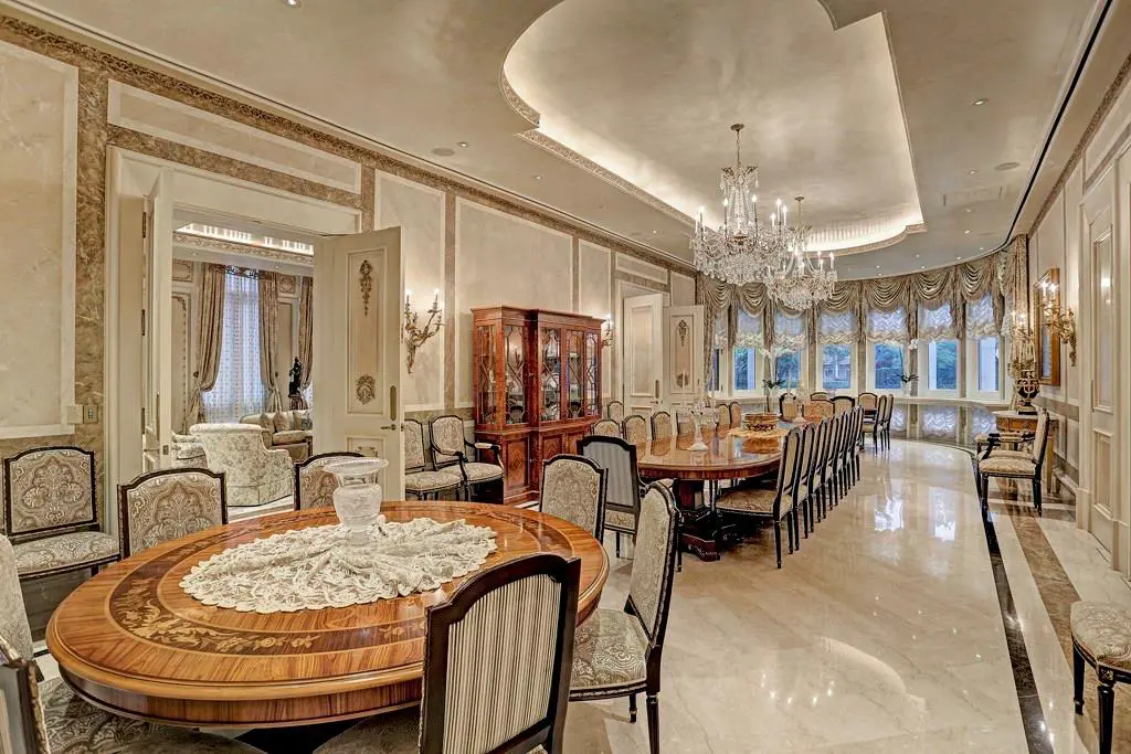 The formal dining room in the 23,870 square foot house at 1000 Kirby in River Oaks can seat 40 diners. (Photo by TK Images)