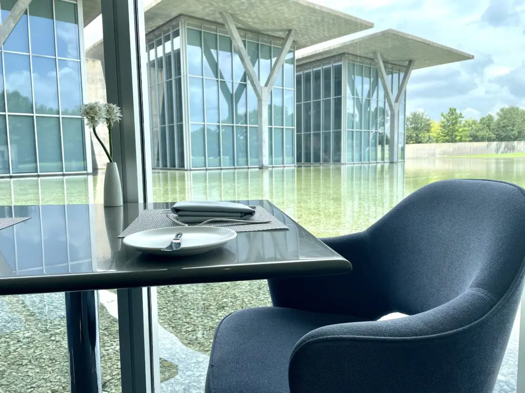 Cafe Modern's spectacular view of the reflecting pond and Tadao Ando's architectural masterpiece. (Photo by Courtney Dabney).