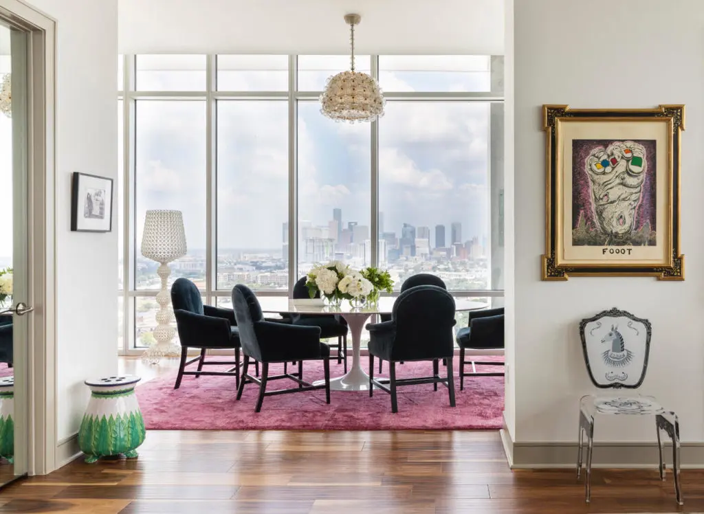 Floor-to-ceiling windows in Karen Pulaski's dining room. (Photo by Julie Soefer.)