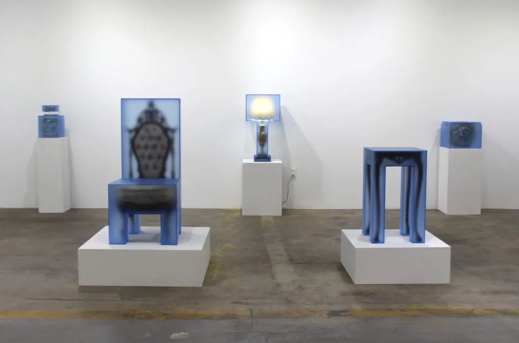 “For Now We See Through A Glass Darkly,” a 2019 collaborative exhibition between 3.Paradis creative director Emeric Tchatchoua and Joyce Lin at Sawyer Yards, which explored dreams and remembrance in a series of sculptural furniture objects.