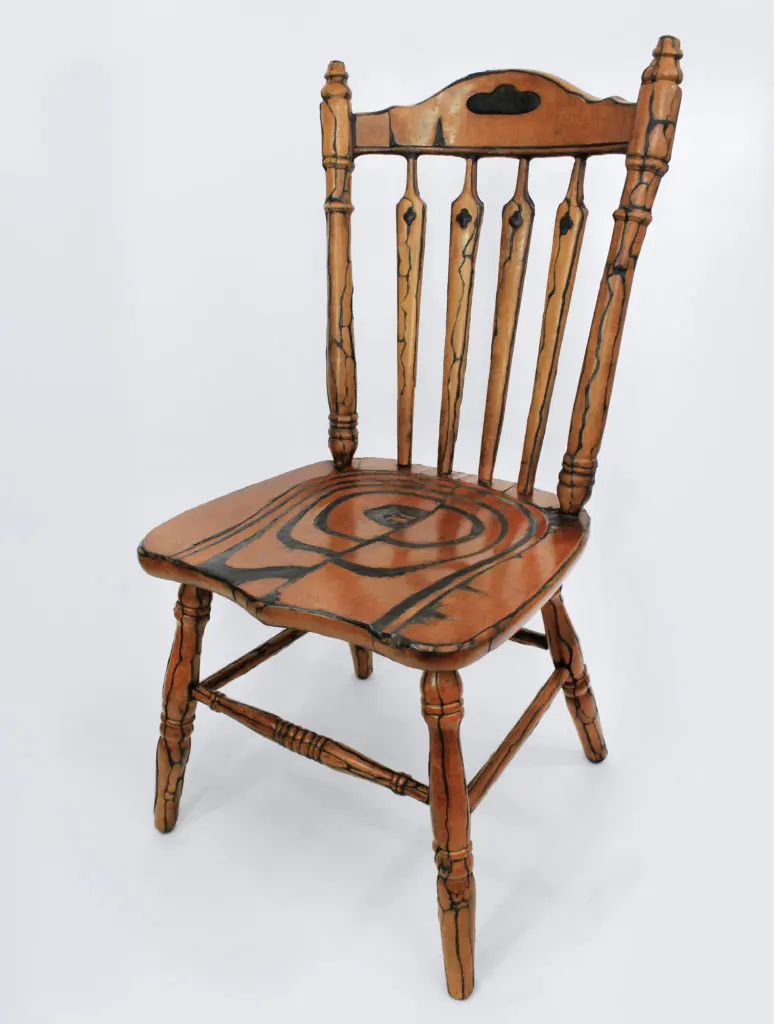 For "Skinned Chair," Joyce Lin removed the surface layer with a scroll saw and fragments pieced back together.