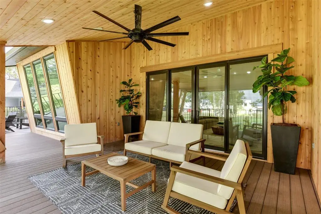 The covered patio includes a slick, hard-working fan to keep things cool. 