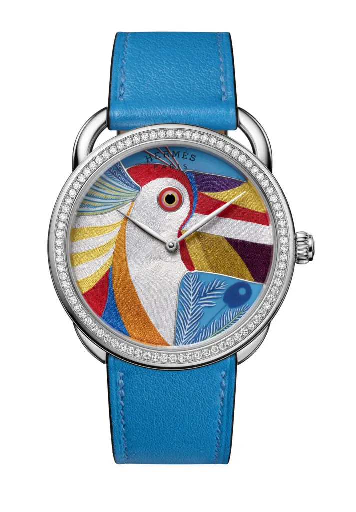 Hermès' Arceau Toucan de Paradis is embellished with 82 diamonds framed by a white gold case. (Photo by Claude Joray for Hermès)