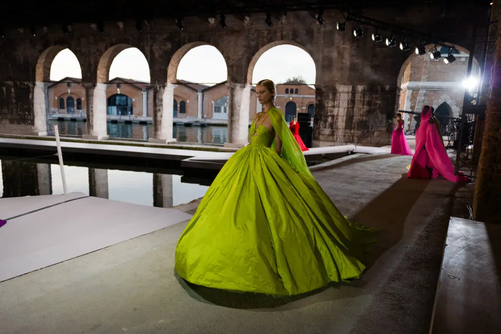 The Valentino Haute Couture Collection Fall/Winter 2021 was presented in Venice's Gaggiandre in the Arsenale, an ancient shipyard, during the Biennali. (Photo courtesy of Valentino)
