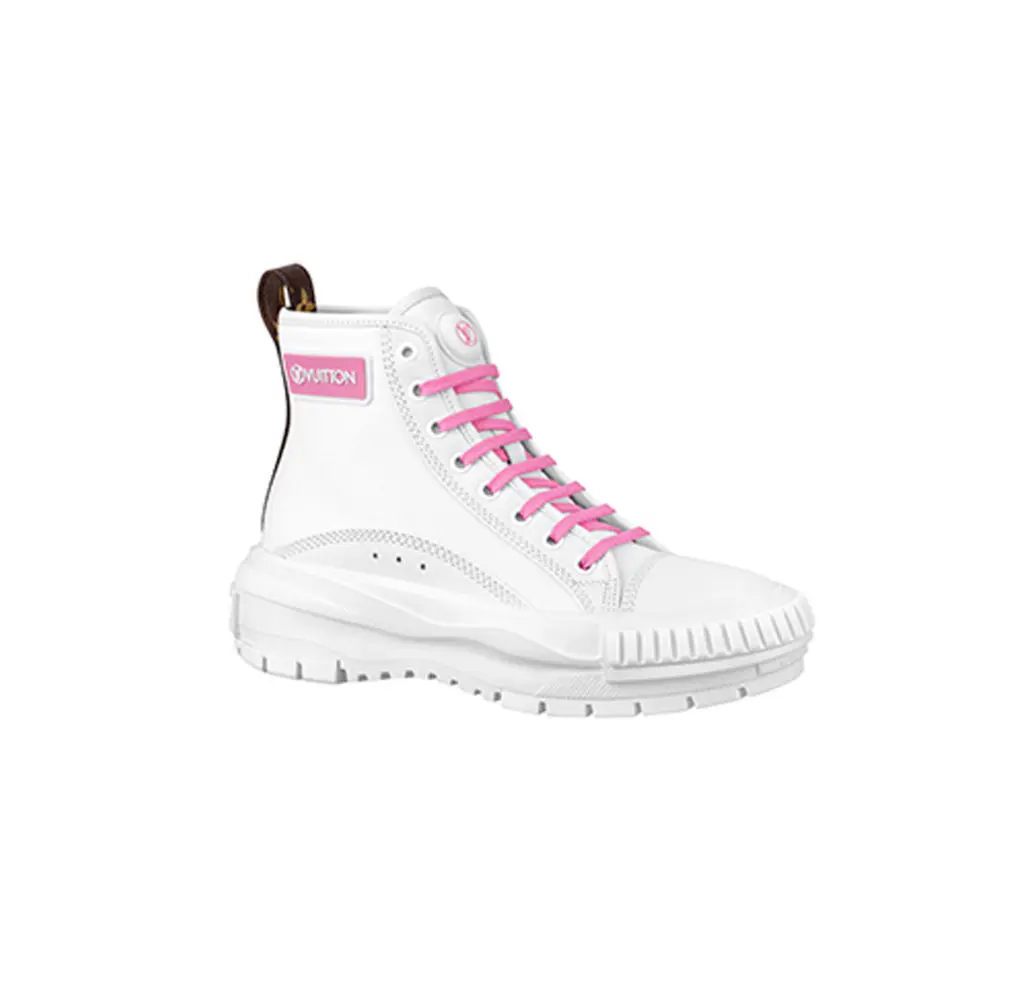 The high-top LV Squad sneaker by Louis Vuitton comes in white with a variety of colorful laces and matching signature tag. (Photo courtesy of Louis Vuitton)