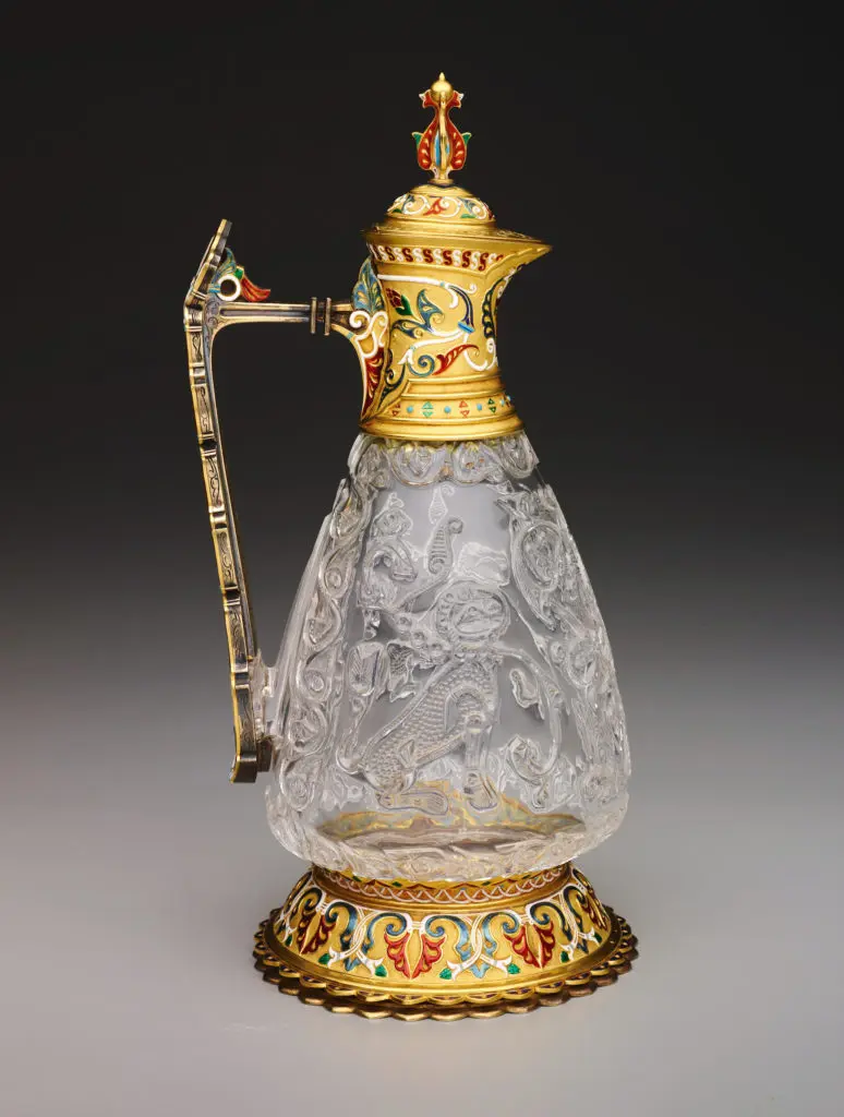 Ewer, late 10th-early 11th century, rock crystal, with enameled gold repairs and fittings by Jean-Valentin Morel in the 19th century. The Keir Collection of Islamic
Art on loan to the DMA.
