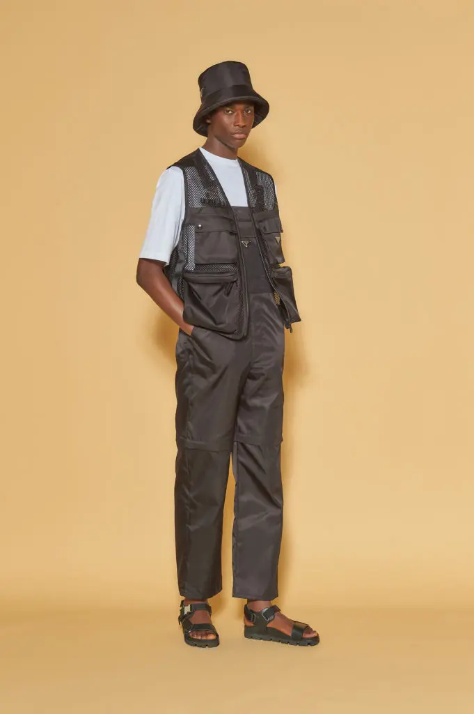 Prada hat $595, t-shirt $950, vest $1,610, pant $2,040, shoes, $775, available at the Prada Aspen boutique through September 7 (photo courtesy of Prada)