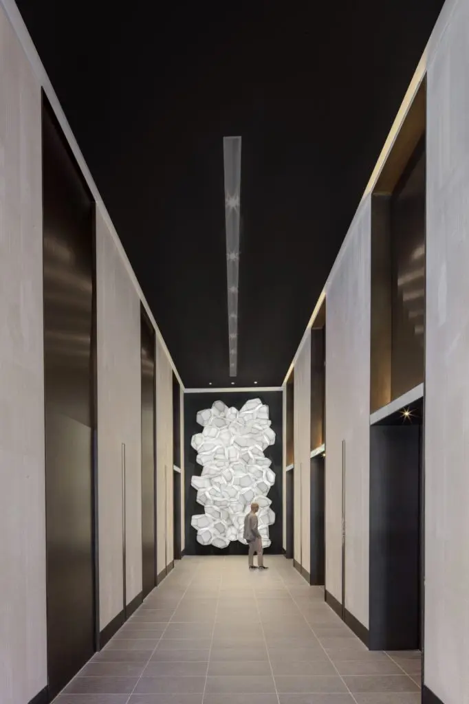 Art is everywhere at The Victor, Dallas' newest high-rise. Including right by the elevator bank. (Photo by  Eric Laigne)