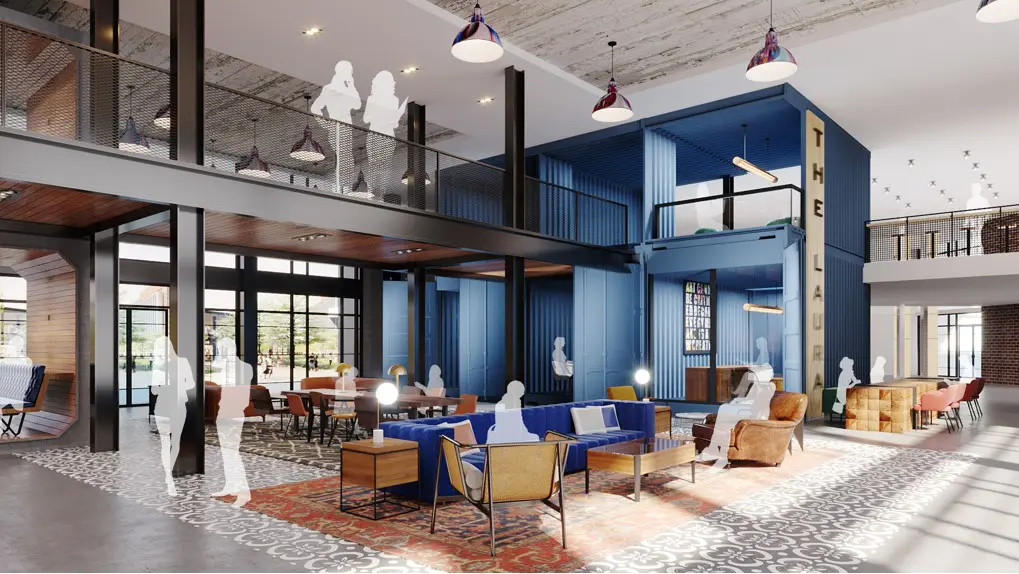The Laura will be a plush apartment building in the new East River development. The lobby will contain shipping containers in a nod to the area's industrial history.