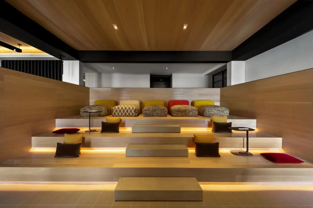 The auditorium/movie area at The Victor takes lounging to a new comfy level. (Photo by  Eric Laigne)