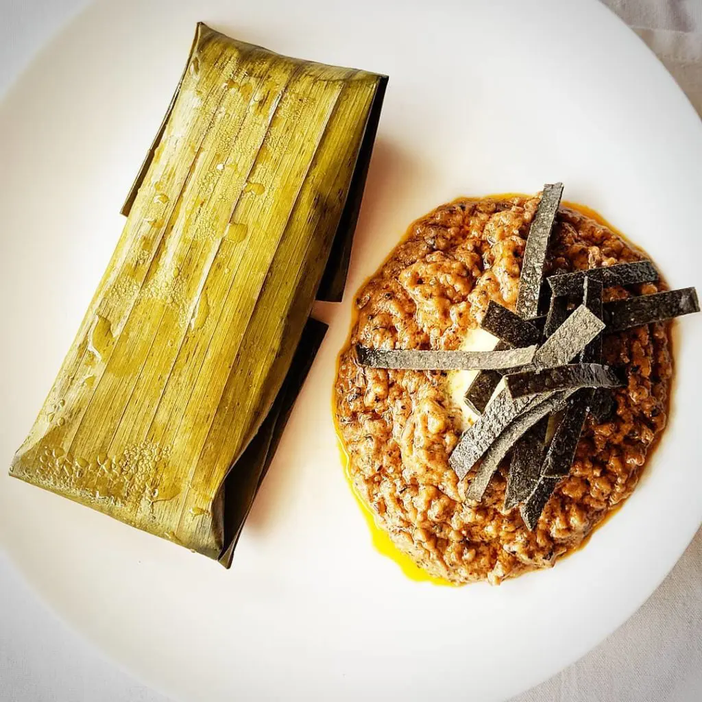 The Corn-Ucopia is a unique creation at Rye featuring cabrito (goat) wrapped up in a green corn tamale accompanied by grits, sweet yellow corn ice cream, and blue corn tortilla chips.