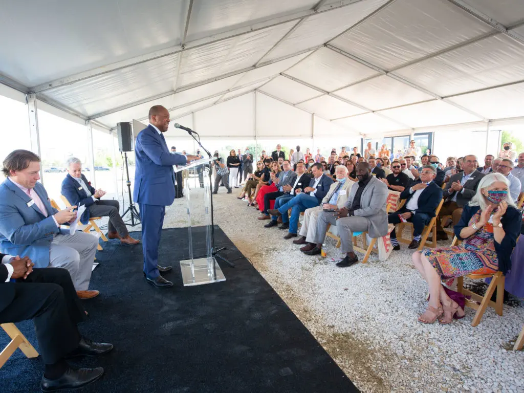Midway's East River groundbreaking setup included an elaborate tent. (Photo by F. Carter Smith)