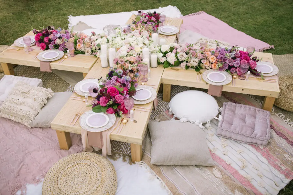 Marie Daage champagne, agate charger, Coupe China in linen, Cutipol GOA pink + gold flatware, Carnival Glassware in pink. Images courtesy of Meggie Taylor Photography. Planning and Design by Silver Linings Events Co. 
