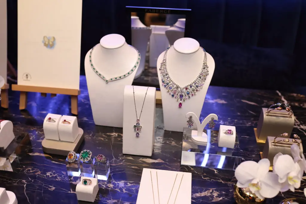 Fabergé jewels on display at MAD during the fundraiser for the Correa Family Foundation and the Gemfields Foundation. (Photo by Quy Tran)