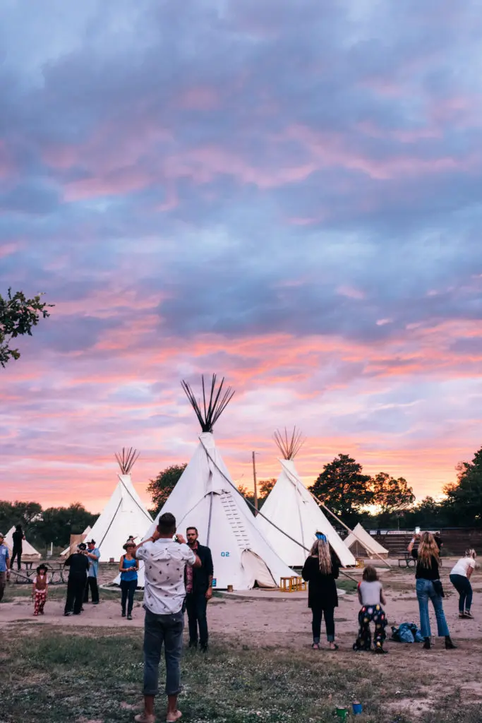 The surreal beauty of the West Texas sky captured with this teepee sunset image right next to El Cosmico.
