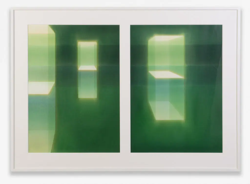 Lauretta Vinciarelli’s Suspended in
Green II, 1 of 2 and 2 of 2, 2005.