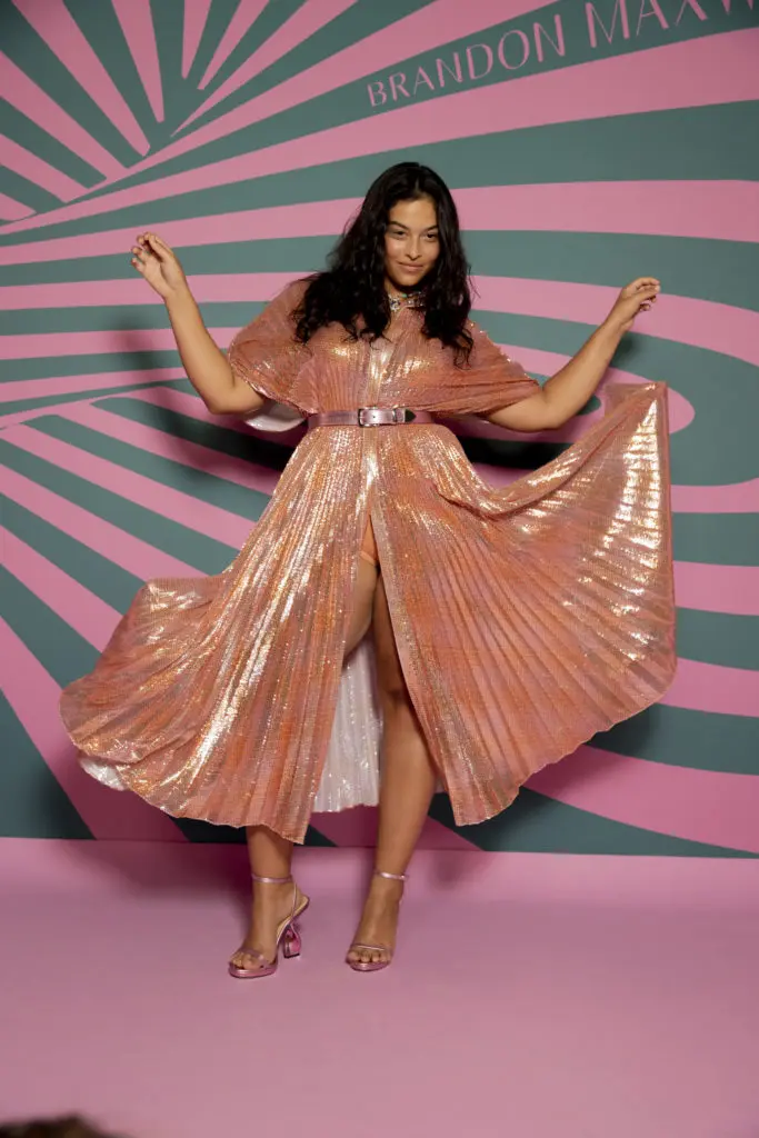 Brandon Maxwell gold lame pleated dress. (Photo by Kevin Tachman courtesy of Brandon Maxwell)