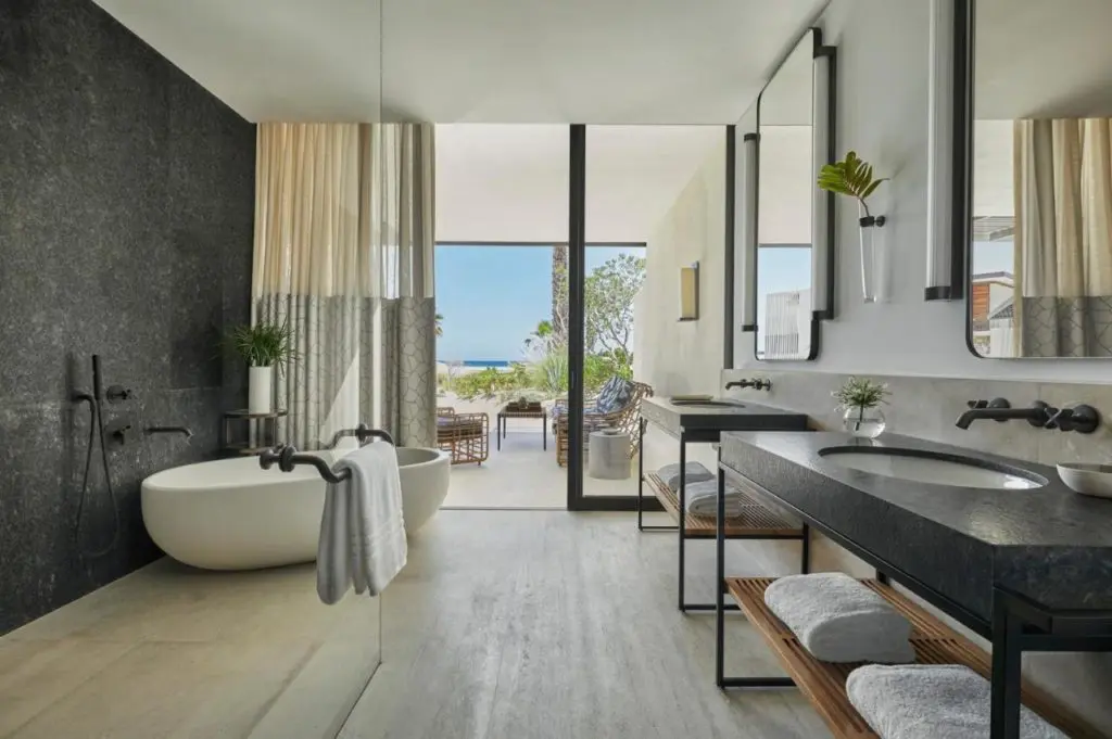 The contemporary designed accommodations are brimming with lavish details like giant soaking tubs. 