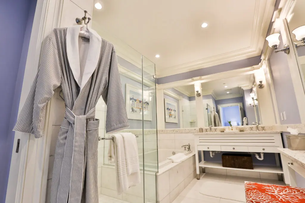 Slip into your seersucker robe in the spacious bathroom suite of the king room at The Beach Club. (Photo The Charleston Harbor Resort & Marina)