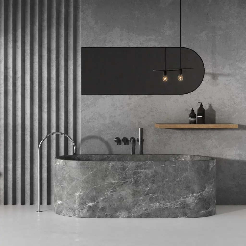 This bath, from John Pawson by COCOON, is crafted from one piece of solid stone.