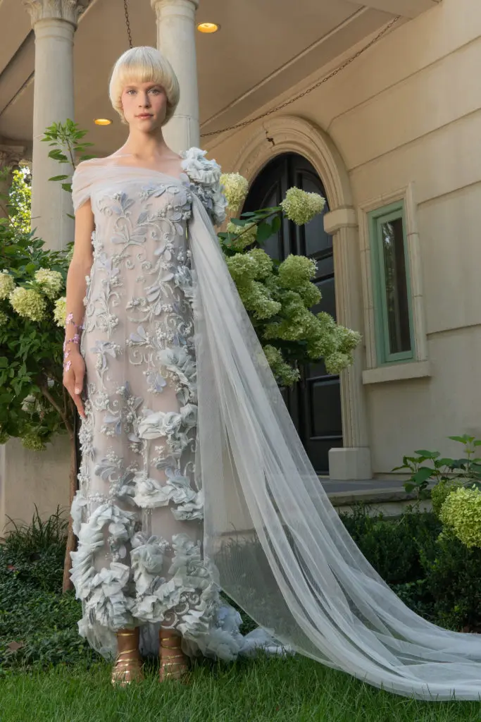 Reem Acra gray gown with train. (Photo courtesy of Reem Acra)