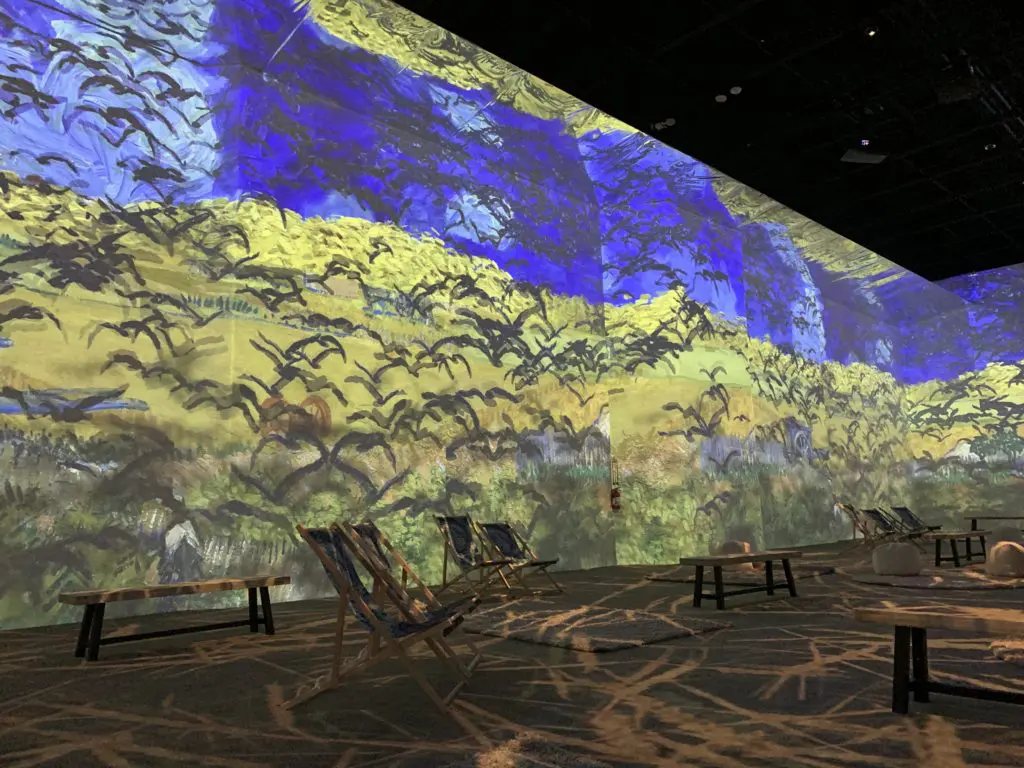 A animated murder of crows fly across Van Gogh's landscapes. (Photo by Tarra Gaines)