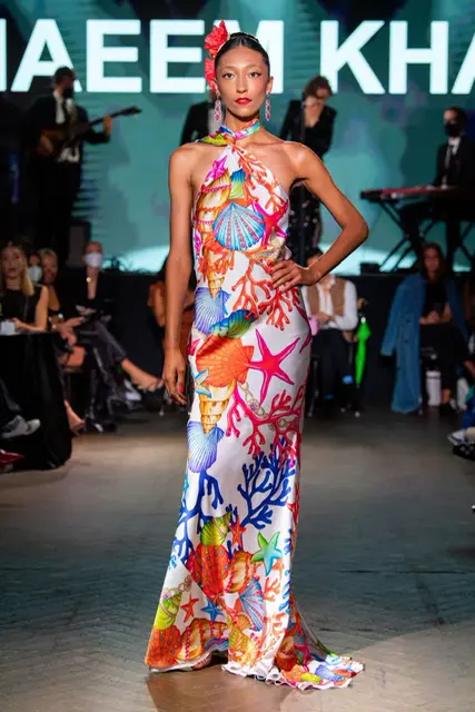 Naeem Khan Amalfi print silk gown with draped halter detail. (Photo courtesy of Naeem Khan)