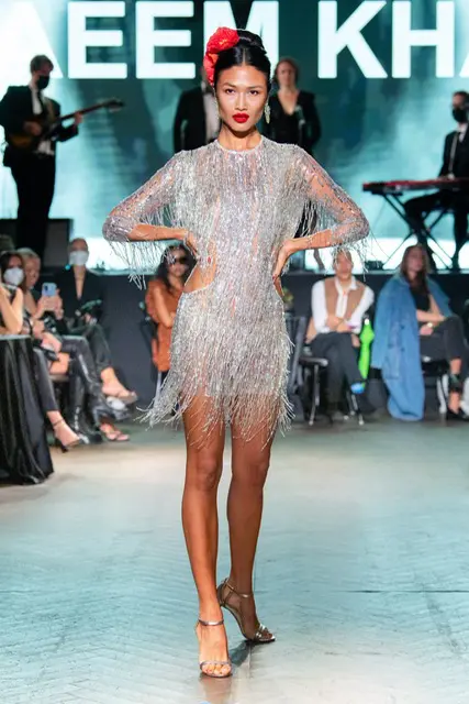 Naeem Khan silver shag fringe cocktail dress with cut-out detail. (Photo courtesy of Naeem Khan)