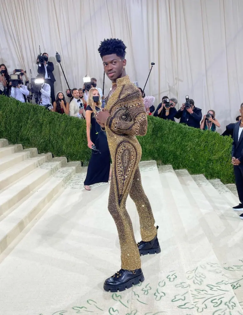Lil Nas unveiled his Met Gala attire by Versace in three stages. Stage Three: A gold bodysuit. (Instagram: @lilnasx_)