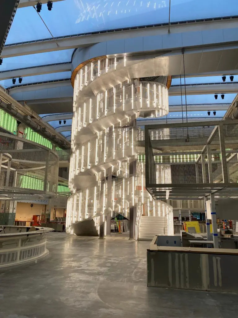 The Vladimir Tatlin-inspired staircase that anchors the 53,000 square foot food hall at POST Houston. (Photo by Shelby Hodge)