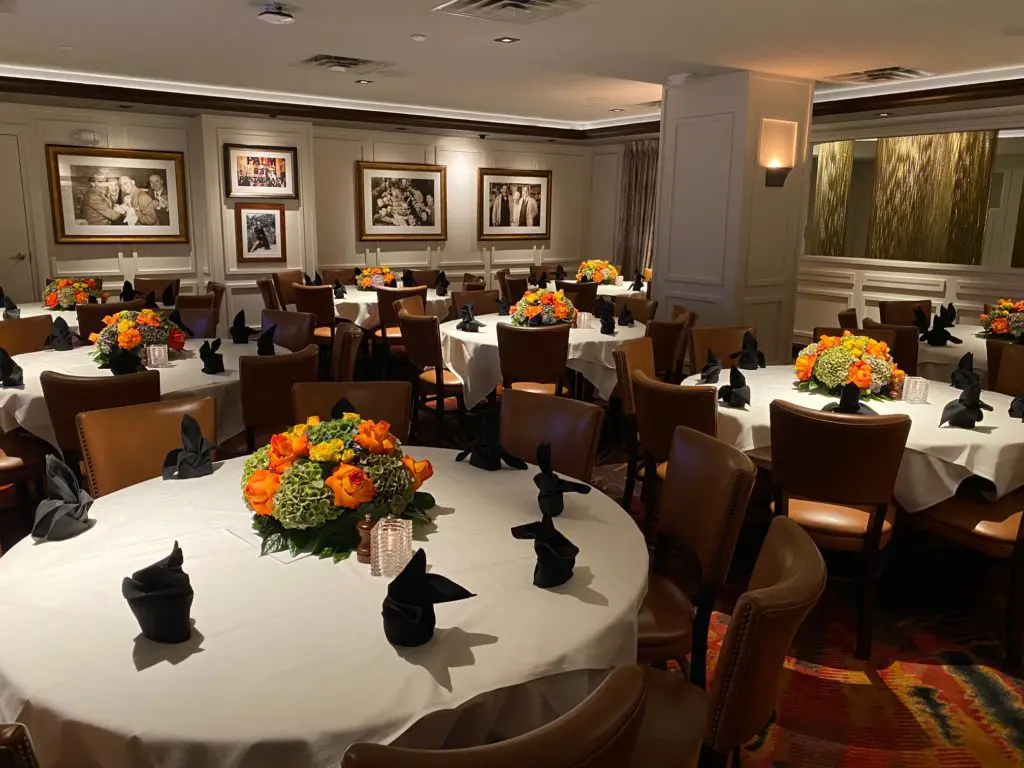 Dining tables in the new Palm Restaurant in downtown Houston, Tilman Fertitta's latest addition to his plethora of downtown steak houses. (Photo by Shelby Hodge)