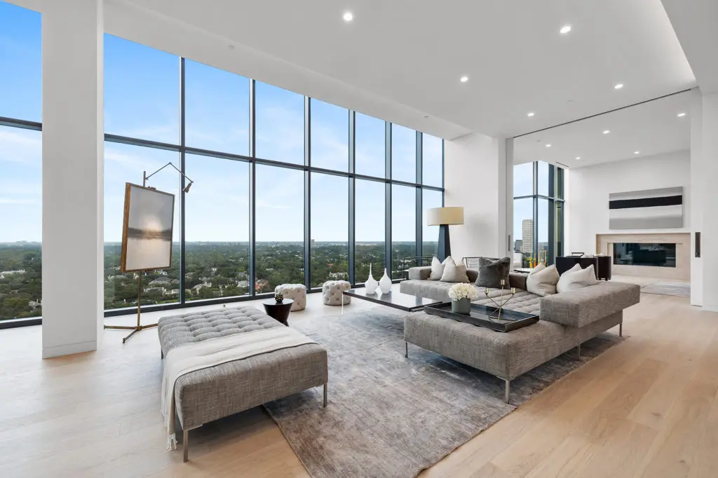 The 19th floor penthouse at The River Oaks is unique in Houston for its 2,200 square foot terrace and interior design by Rottet Studio. 