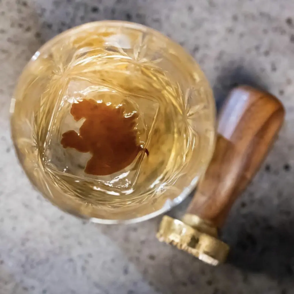 The Fukuoka at Neon Kitten is a whisky cocktail with Godzilla stamped on an ice cube.