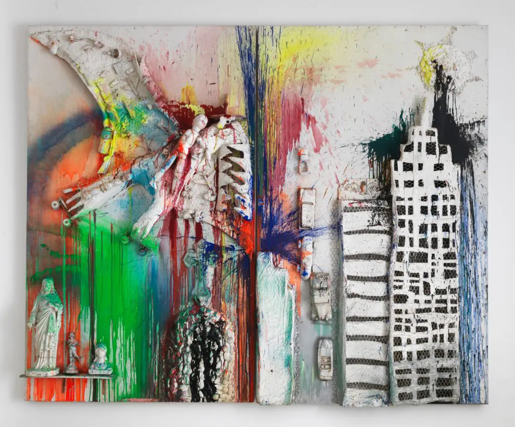 Niki de Saint Phalle, Pirodactyl over New York, 1962. Paint, plaster, and objects on two wood panels, 98 3/8 × 122 × 11 3/4 in. (249.9 × 309.9 × 29.8 cm). Guggenheim Abu Dhabi. © Niki Charitable Art Foundation. All rights reserved