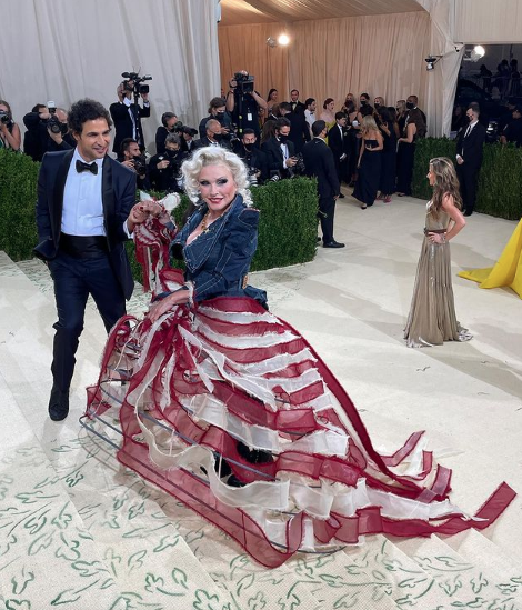 Debbie Harry nailed the Met Gala theme in a tattered Ameican flag full skirt and denim jacket made from a pair of blue jeans by Zac Posen. (Instagram:@metmuseum)