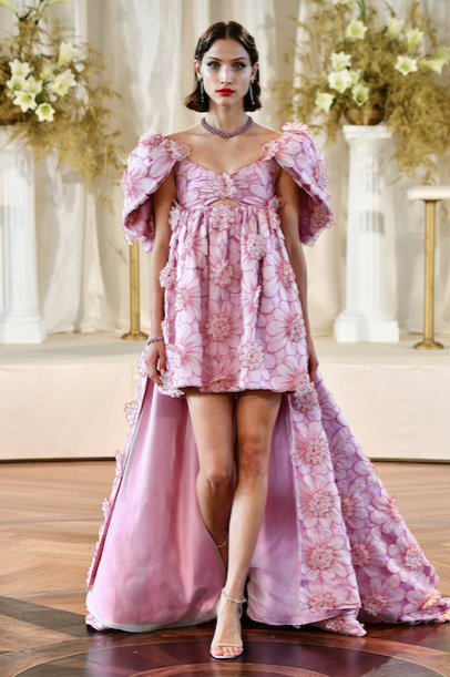 Markarian Eliza pink floral appliqué mini dress with train. (Photo courtesy of Markarian)
