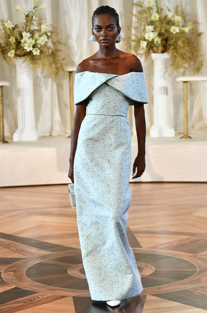 Markarian Eveline off the shoulder pale blue floral column gown with fold over collar. (Photo courtesy of Markarian)
