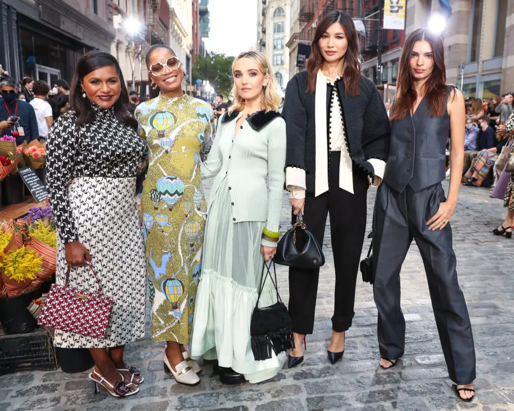 Celebrities at the Tory Burch runway show included, from left, Mindy Kaling, Keke Palmer, Chloe Fineman, Gemma Chan, and Emily Ratajkowski. (Photo courtesy of Tory Burch)