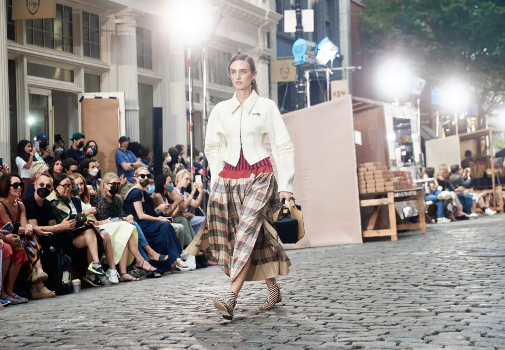 Tory Burch cotton twill jacket,
tech-knit plaited-rib bandeau,
Madras plaid silk cotton skirt,
lampshade bag and reissued boot by Claire McCardell. (Photo courtesy of Tory Burch)