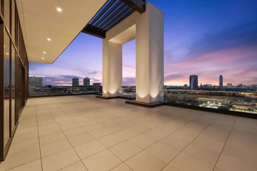 The 19th floor penthouse at The River Oaks is unique in Houston for its 2,200 square foot terrace and interior design by Rottet Studio. 